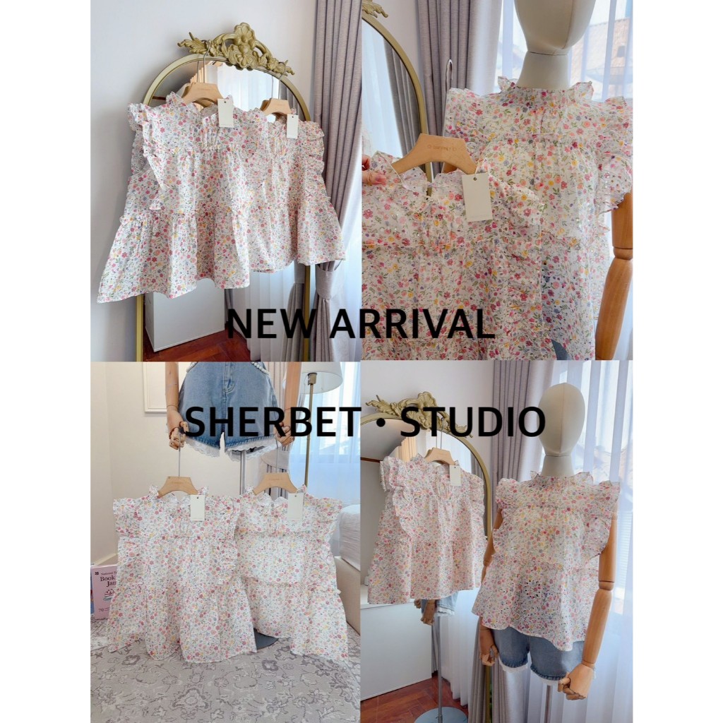 ป้าย Sherbet เสื้อผ้าคอตตอนปักฉลุลายทั้งตัว อก 39 นิ้ว ยาว 19 นิ้ว