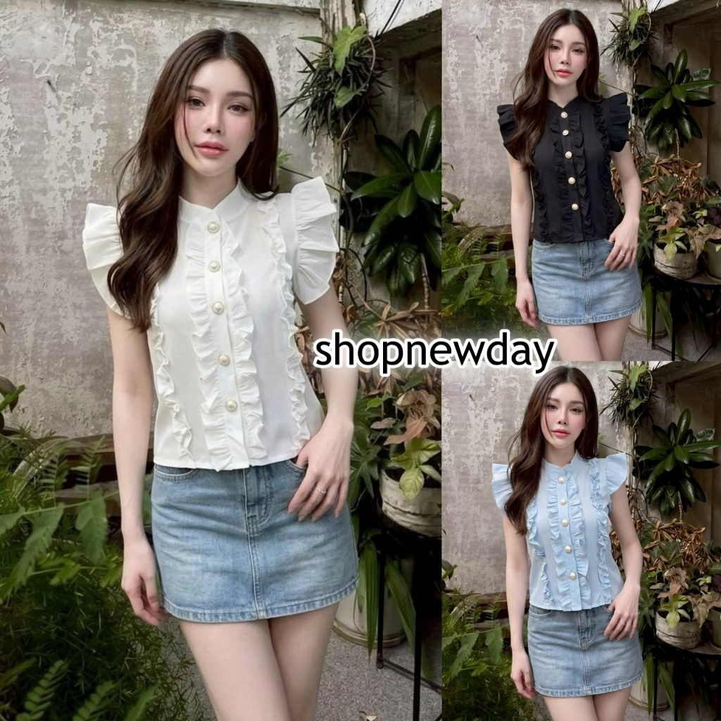 เสื้อแฟชั่น ผ้าครัช สไตล์เวียดเวียดนาม แขน-ดีเทลแต่งระบาย กระดุมหน้า เข้ารูป  ใส่แมท ใส่ออกงาน LG136