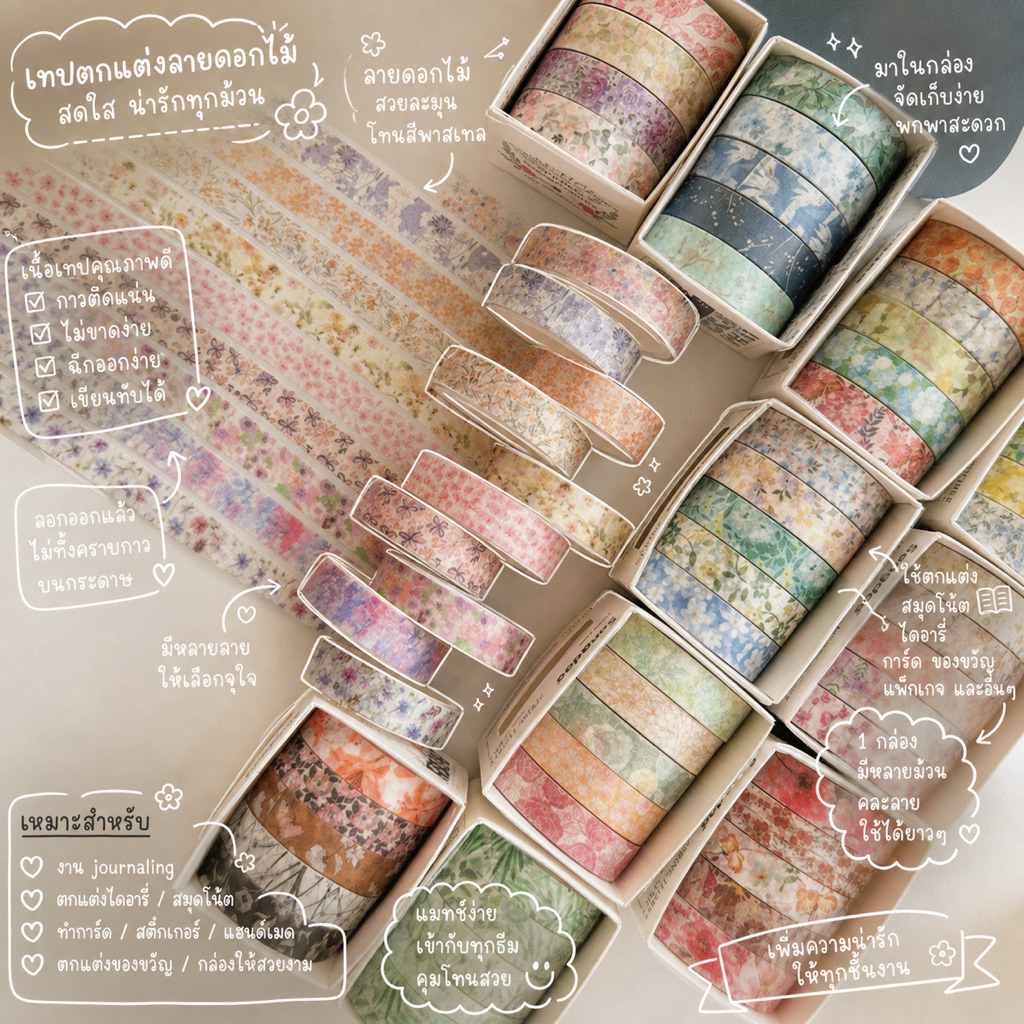 Floral Tape Set – วาชิเทป เทปสติกเกอร์ลายดอกไม้ | กล่องเซ็ตหวานสไตล์ INS | สำหรับ Journal & DIY