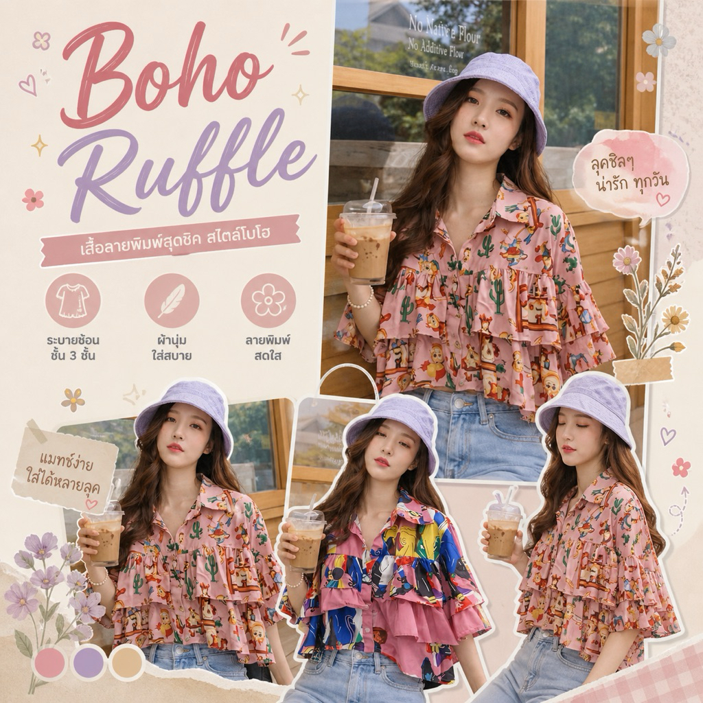 🌈เสื้อเชิ้ตลายอาร์ต ระบาย 2 ชั้น สไตล์คาเฟ่ ใส่น่ารัก อก40"-42"แมทช์ง่ายน