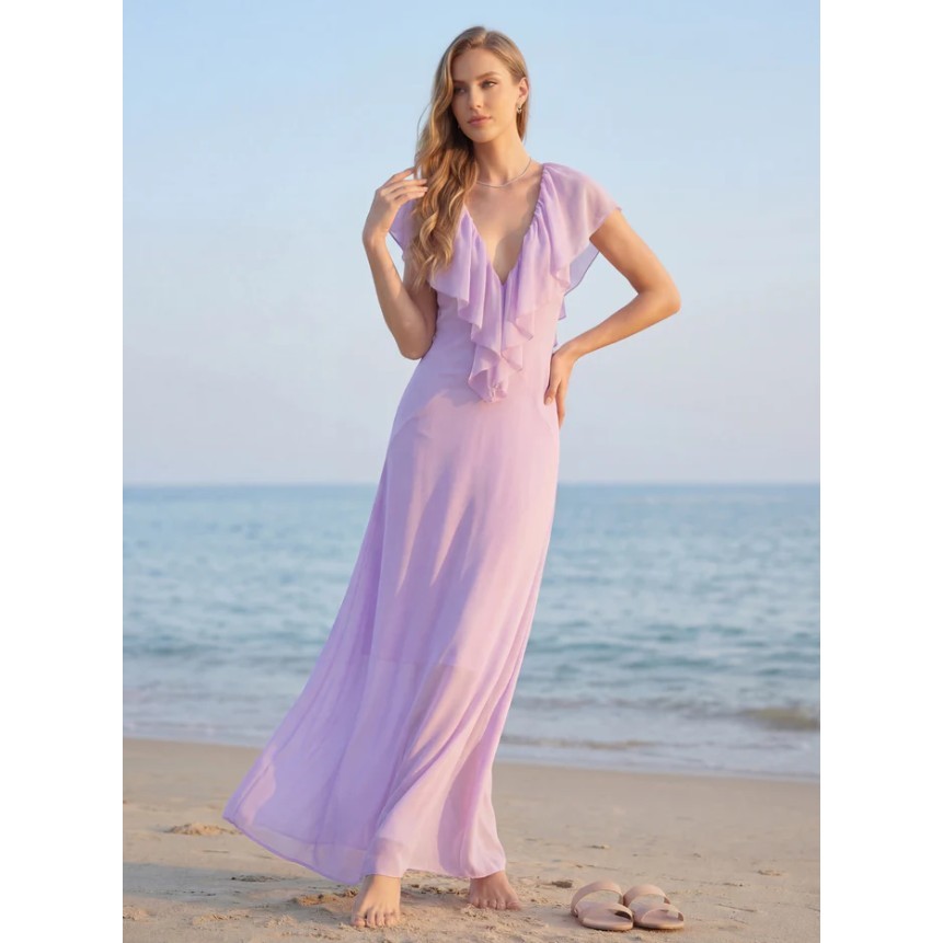 Ruffle Plunging Neck Maxi Dress Lavender HV2919