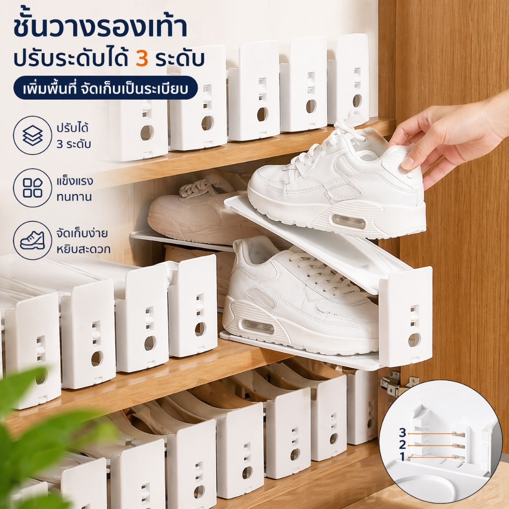 mumuso ที่เก็บรองเท้า อุปกรณ์เก็บรองเท้า ประหยัดพื้นที่แบบวางคู่ ชั้นรองเท้า ดีไซน์ขั้นบรรได ปรับได้ 3 ระดับ ตามต้องการ