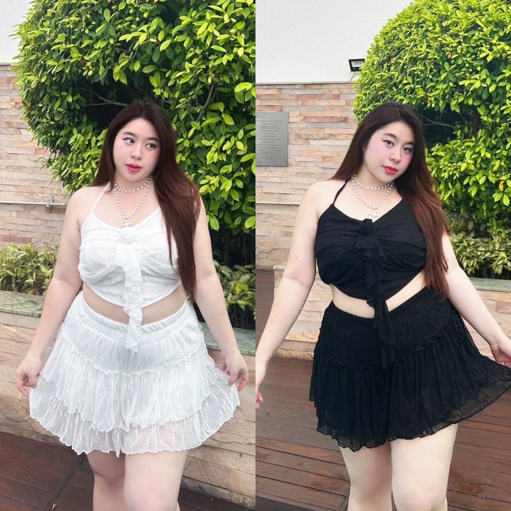 Breeze Set Plussize Bornplus ชุดเซ็ทเสื้อสายคล้องคอ+กระโปรงลูกไม้ อก 34-60 นิ้ว