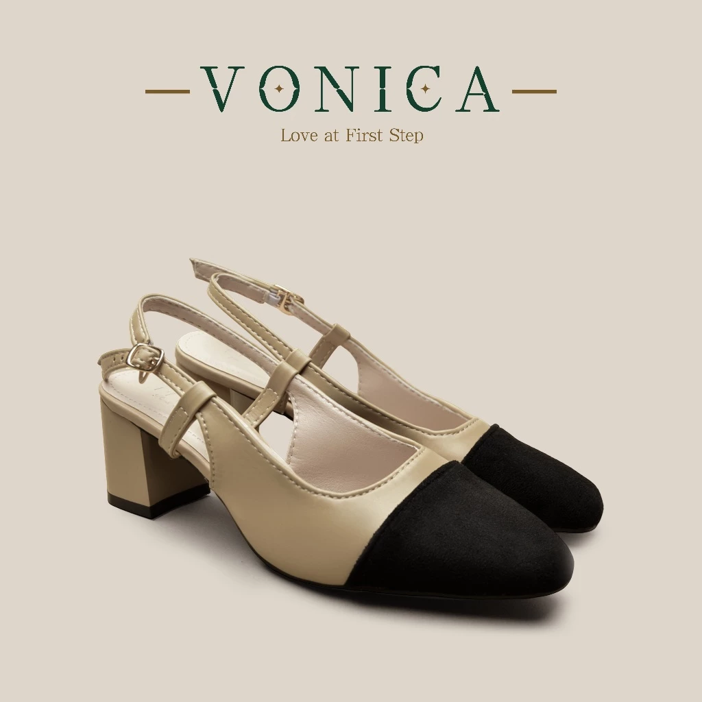 VONICA รองเท้าแตะผู้หญิง รองเท้าส้นสูง 2 นิ้ว รองเท้าหนัง ส้นหนา รองเท้าออกงาน