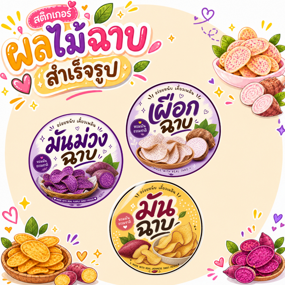 สติกเกอร์มันฉาบ เผือกฉาบ มันม่วงฉาบ ฉลากสินค้า  โลโก้ สำเร็จรูป