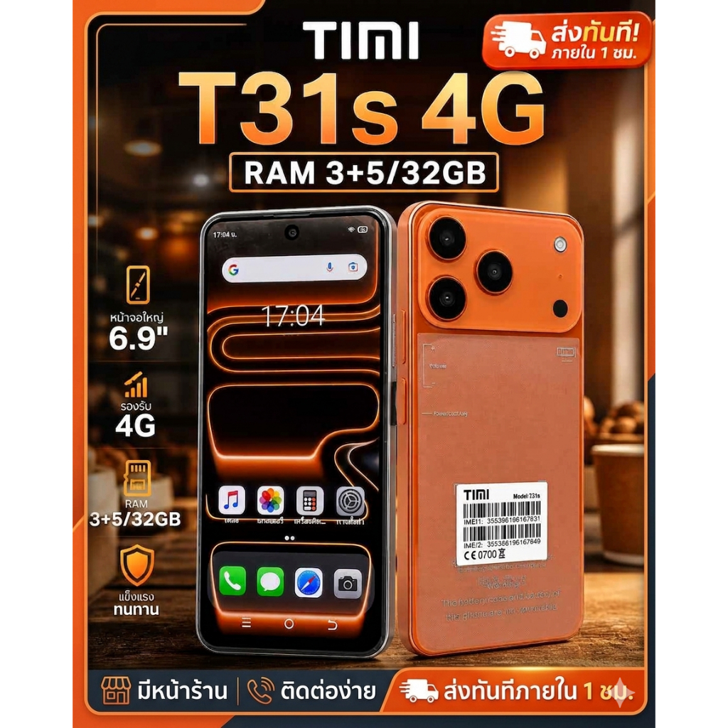 TIMI T31s (2026) CPU 2.0 Ghz / RAM 3+5 / 32 GB / จอ 6.92" IPS / 4G LTE ทั้ง 2 ซิม ใช้ได้ทุกธนาคาร มีหน้าร้าน ส่งภายใน1ซม