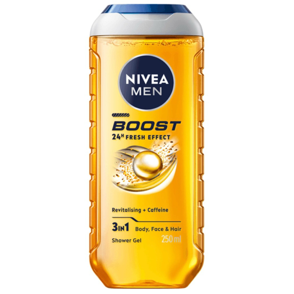 สินค้าจากประเทศอังกฤษ 🇬🇧Nivea Men Boost Shower Gel 250ml เจลอาบน้ำ 3 in 1 (Body, Face, Hair) สูตร Caffeine สดชื่น 24 ชม.