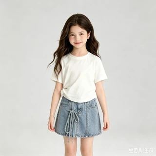 MC269 ชุดเด็กผู้หญิงสไตล์เกาหลี เสื้อยืดขาว กระโปรงยีนส์แต่งเชือก