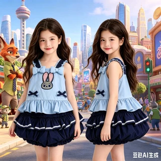 MC270 ชุดเซ็ตเด็กผู้หญิง สีฟ้า-กรม เสื้อระบายลายกระต่าย พร้อมกางเกงฟักทอง