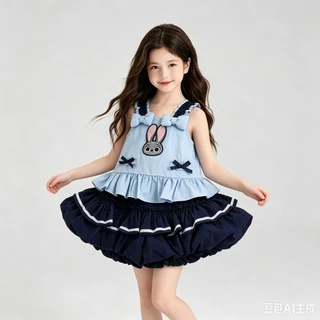 MC270 ชุดเซ็ตเด็กผู้หญิง สีฟ้า-กรม เสื้อระบายลายกระต่าย พร้อมกางเกงฟักทอง