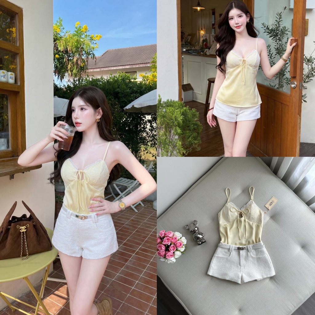 SUNIDA เซท 3 เสื้อสายเดี่ยวสีเหลือง-กางเกงผ้าทวีต