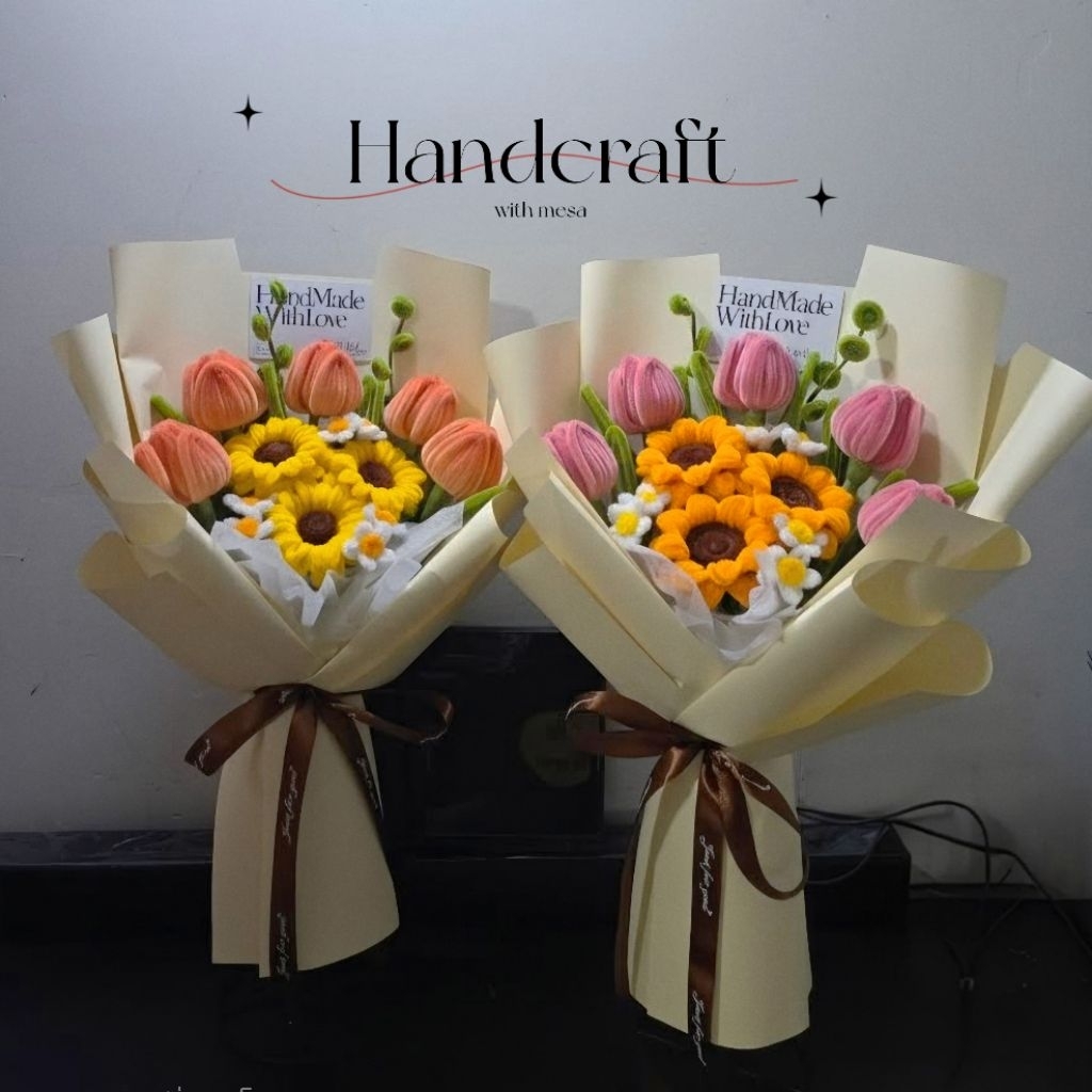 (ขายดี 2) ช่อดอกทานตะวัน+ทิวลิป ลวดกำมะหยี่🌻⚘️ (ช่อปัจฉิม,ดอกไม้รับปริญญา)