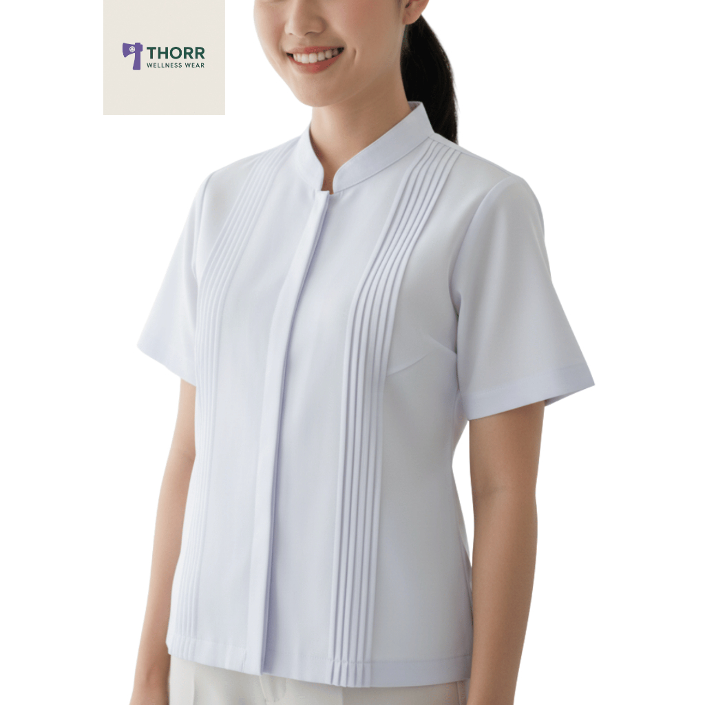 รัตนาภรณ์ เสื้อตีเกร็ด คอจีน (ธรรมกาย/อุบาสิกา) แยกชิ้นกับผ้าถุงเอวยาง ผ้าโซล่อน พร้อมส่ง S-2XL