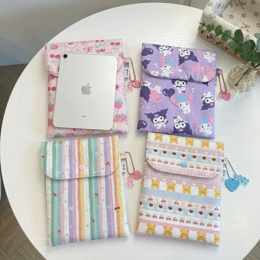 กระเป๋า iPad ซองใส่ไอแพด ลายการ์ตูน (แถมพวงกุญแจแบบสุ่ม) เสริมใยสังเคราะห์ ใส่ได้ทุกรุ่นไม่เกิน 11 นิ้ว