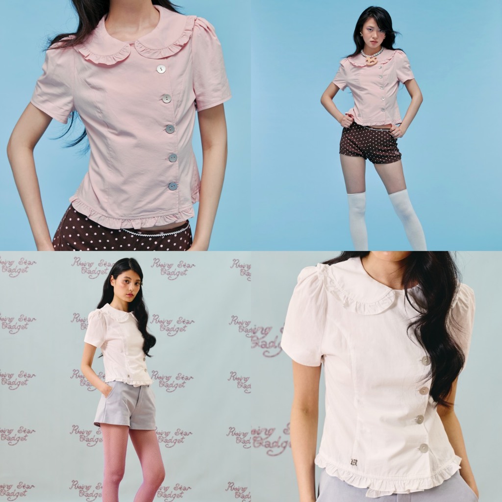 CHUUCHOP - (S-3XL) Tilly Blouse เสื้อเชิ้ตแขนสั้นคอบัว กระดุมเฉียงข้าง ดีเทลจับจีบที่ปลายเสื้อ ใส่สบาย (C8554)