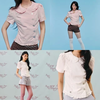 CHUUCHOP - (S-3XL) Tilly Blouse เสื้อเชิ้ตแขนสั้นคอบัว กระดุมเฉียงข้าง ดีเทลจับจีบที่ปลายเสื้อ ใส่สบาย (C8554)