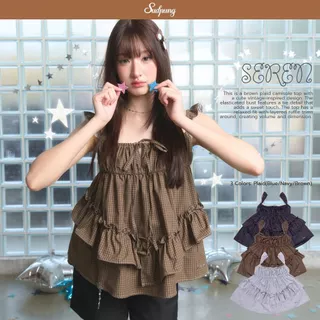 Seren_SP129 เสื้อสายเดี่ยวลายสก็อต แต่งระบาย ผูกโบว์อก โลโก้เหล็กสุดปัง สไตล์เกาหลี