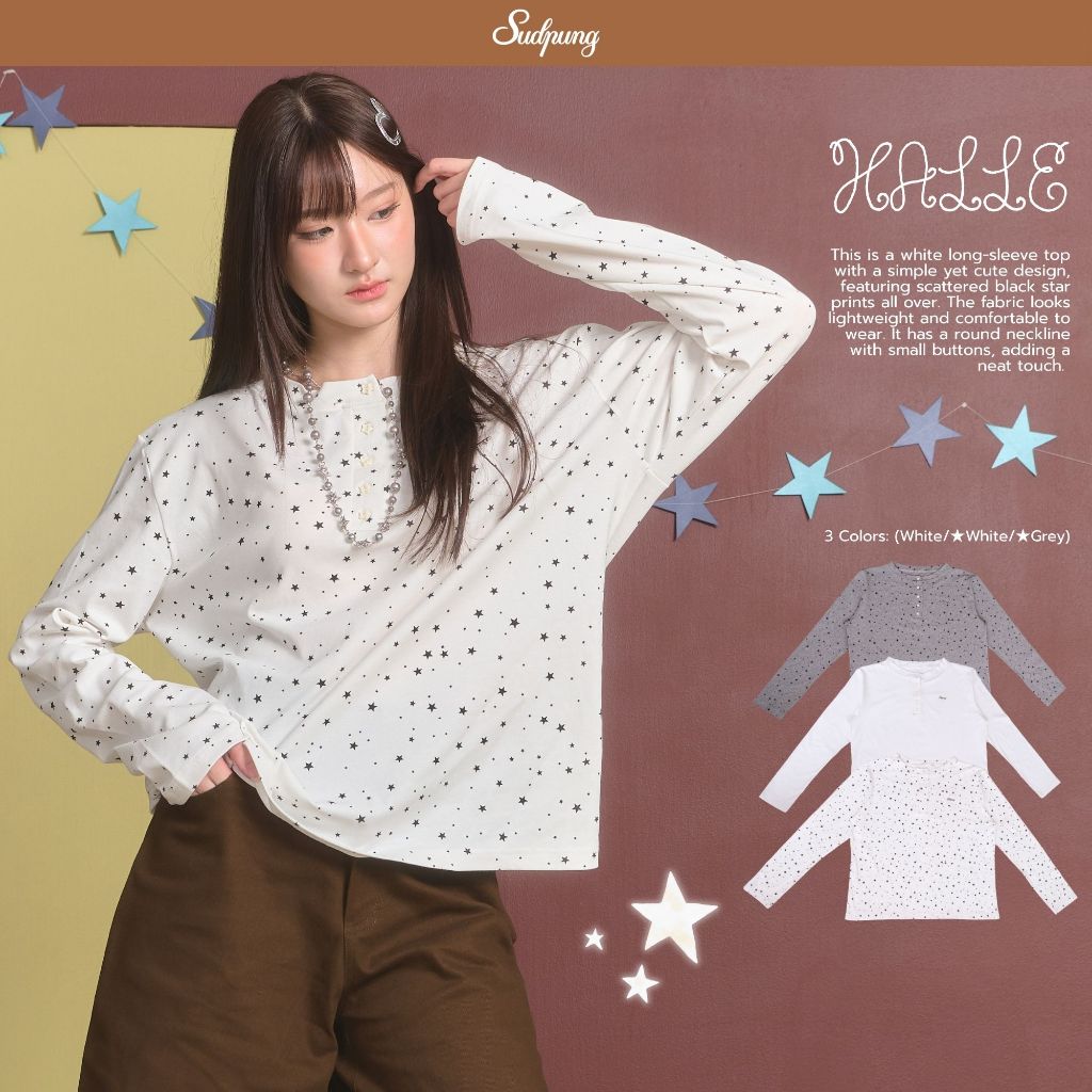 Halle_SP133 เสื้อแขนยาวโอเวอร์ไซส์ กระดุมดาว ผ้านุ่มใส่สบาย ลายดาวสไตล์เกาหลี