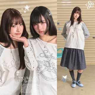 Rosie_SP132 เสื้อแขนยาวปาดไหล่โอเวอร์ไซส์ สกรีนจม ลายน่ารักมาก ใส่สบายสไตล์เกาหลี