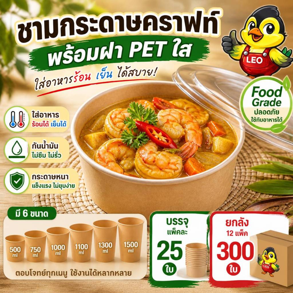 [ยกลัง] ชามกระดาษคราฟท์ พร้อมฝา OPS รุ่นพิเศษไอน้ำไม่เกาะ ชามกระดาษ Food Grade เข้าไมโครเวฟได้ ขนาด 500-1500 ml