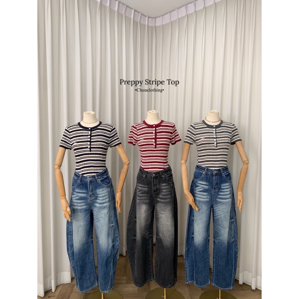 Chuuclothing Preppy stripe top [พร้อมส่ง กรม เทา แดงไวน์] เก็บโค้ดหน้ากิจกรรม