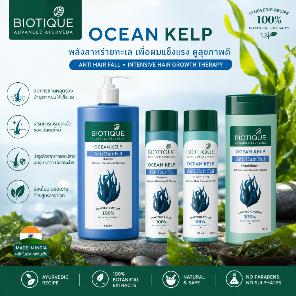 BIOTIQUE Anti Hair Fall Ocean Kelp Shampoo/Condioner Hair Regrowth Treatment, ลดผมขาดร่วง เร่งผมยาว.