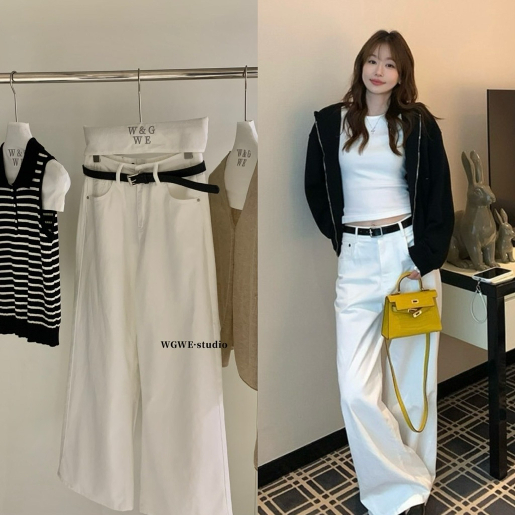 9291# กางเกงขายาวสีขาว + เข็มขัด งานมีกระเป๋าล้วงข้าง ทรงใส่สบาย TAG:WG.WE 🇰🇷