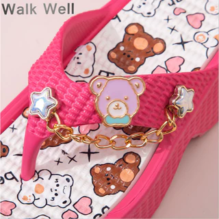 ✨พร้อมส่ง! WALK WELLฤดูร้อนสาว Flip Flop การ์ตูนหมีน้อยน่ารักรูปแบบดาวโซ่ตกแต่งวัสดุ EVA น้ำหนักเบาลื่นเล่นน้ำทนทาน