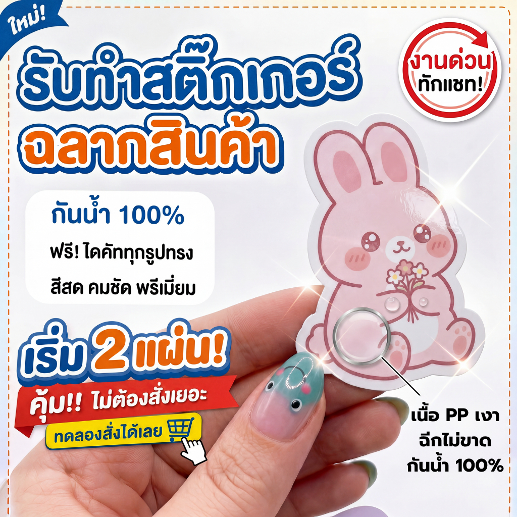 ฉลากสินค้า สติ๊กเกอร์ไดคัท โลโก้ PP เงา กันน้ำ 100% พิมพ์ 5 สีพิเศษ สีสดโดดเด่น ขนาด A3 ไม่จำกัดดวง