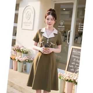 D72 เดรสปกทูโทนแต่งโบว์กระโปรงยาว มีไซส์ S-3XL ความยาว 39-40 นิ้ว