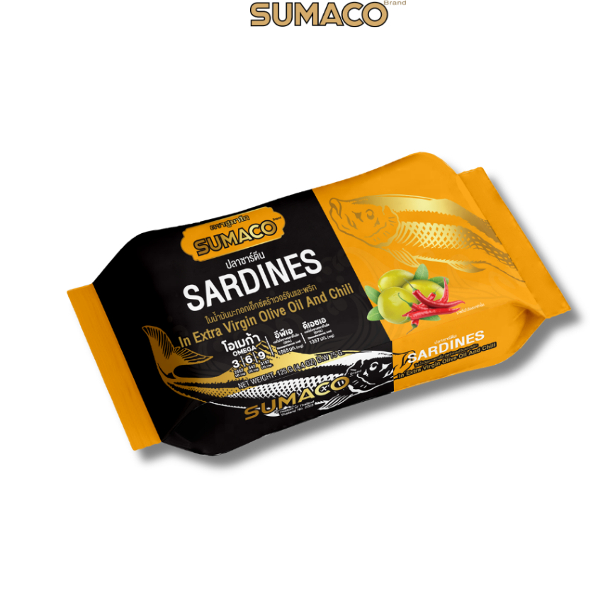 [1 ชุดมี 10 กระป๋อง] SUMACO ปลาซาร์ดีนในน้ำมันมะกอกพรีเมียมและพริก 125กรัม