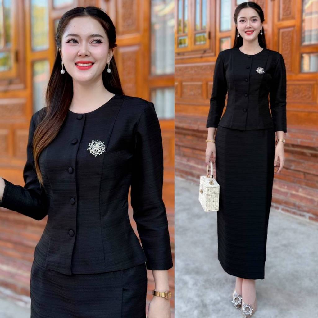 HM - (ขายแยก) ชุดไทยเรือนต้นสีดำ ผ้าไหมไหมหม่อนทั้งชุด กระดุมหน้า ใช้งานได้จริง งานอัดกาว ทั้งตัว ผ้าถุงสำเร็จ บรมพิมาน