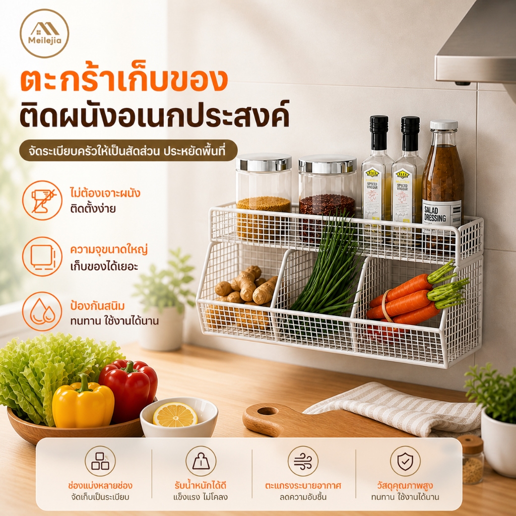 ชั้นวางของในครัว ชั้นวางเก็บเครื่องเทศ ชั้นวางเครื่องปรุงรส หัวหอม ขิง กระเทียม แบบติดผนัง