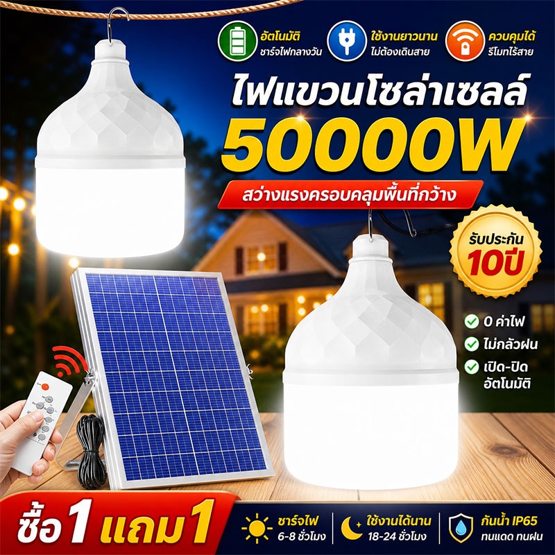 【ซื้อ 1 แถม 1】NOVA ไฟโซล่าเซลล์ LED 50000W กันน้ำ IP68 พร้อมแผงโซลาร์ ชาร์จอัตโนมัติ แสงสว่างแรง ใช้ภายนอก