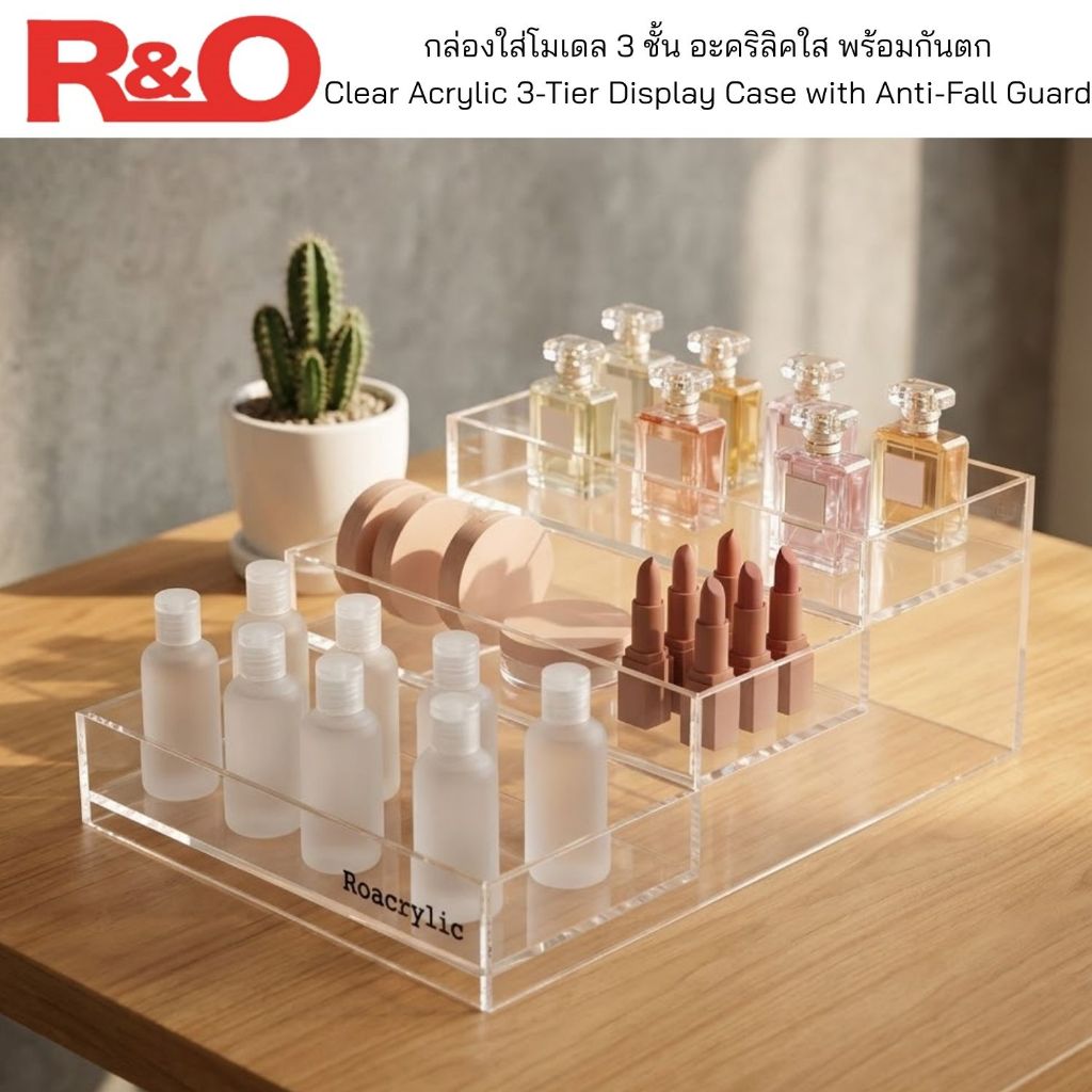 roacrylic กล่องใส่โมเดล 3 ชั้น สีใส แบบมีกันตก ขนาด 20x25x9 cm.