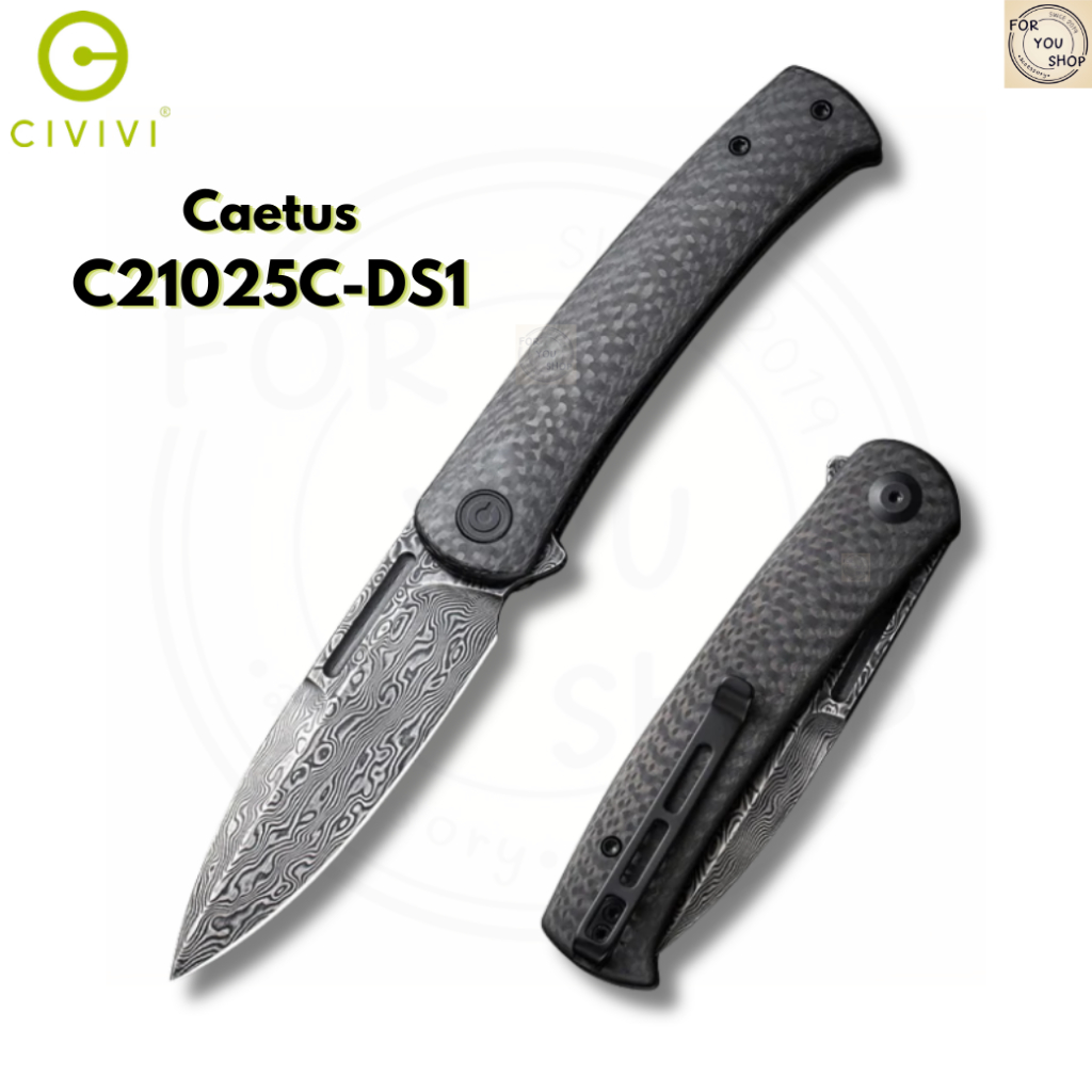 มีดพับ CIVIVI Caetus C21025C-DS1 ใบมีด Damascus 3.48นิ้ว ด้าม Carbon Fiber ระบบ Liner Lock Flipper Knife