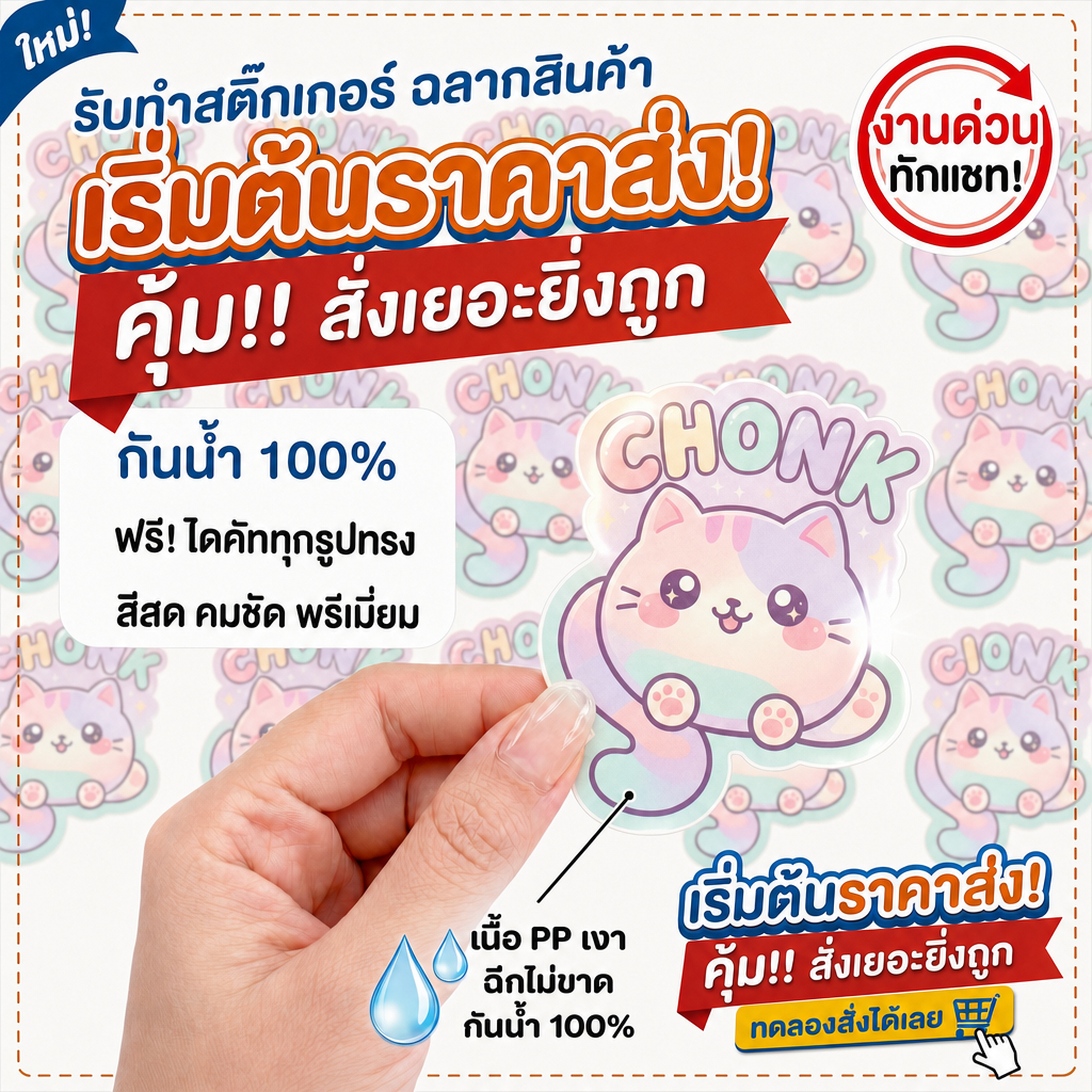 ขายส่ง ฉลากสินค้า สติ๊กเกอร์ PP เงา กันน้ำ 100% ไดคัทฟรี ขนาด A3 สีสดโดดเด่น ราคาโรงงาน