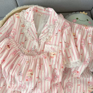 💖 ชุดนอนเซ็ต3ชิ้น ลายเมโลดี้การ์ตูนน่ารักโทนสีชมพู เสื้อสั้น กางเกงขาสั้น+ขายาว ผ้าคลาวด์คอตต้อน นุ่มสบายผิว เหมาะฤดูร้อ