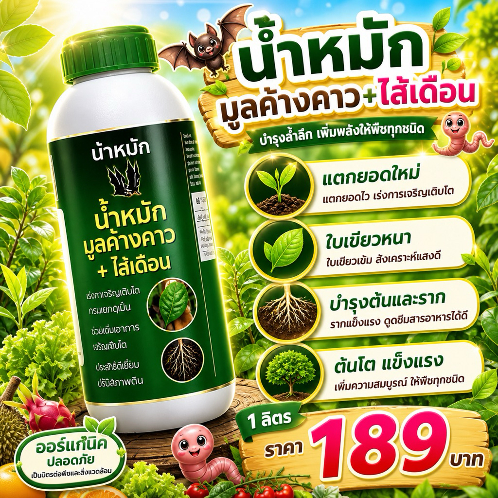 น้ำหมัก มูลค้างคาว+ไส้เดือน AMENA แตกยอด ใบเขียวหนา บำรุงราก ต้นแข็งแรง 1 ลิตร