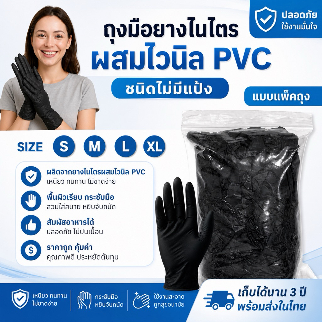 ถุงมืออเนกประสงค์ ถุงมือไนไตรไวนิล (pvc) สีดำ (แพ็คถุงอย่างดี) เหนียว ทนทาน ไม่ขาดง่าย พร้อมส่ง