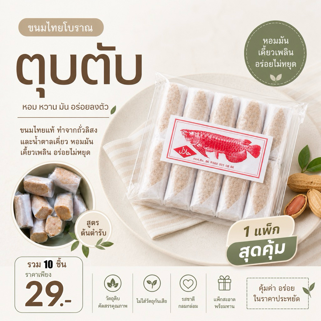 ถั่วตุบตับ โบราณ หอม หวาน แพ๊คละ 10 ชิ้น