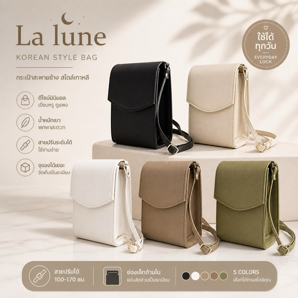 La Lune Caro กระเป๋าสะพายข้างผู้หญิง กระเป๋าหนังPU พรีเมี่ยม สไตล์มินิมอล สายปรับได้ Made in Thailand