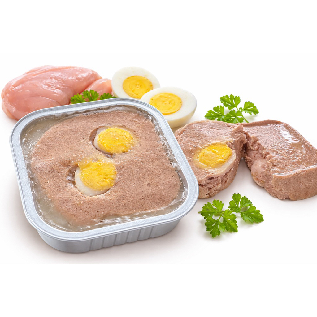 New ไก่บด ท้อปปิ้งไข่ อาหารเปียกสุนัขเปลือย 85 กรัม แพ็ค 12 ถาด เกรดพรีเมียม ส่งออก