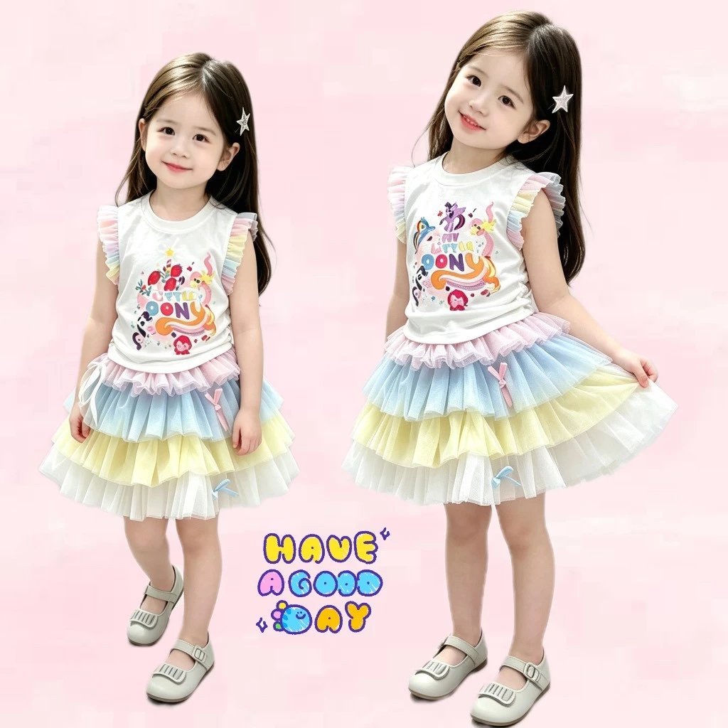 BB275 ชุดเด็กผู้หญิง ลายการ์ตูนน่ารักเสื้อแขนระบาย + กระโปรงฟูสายรุ้ง