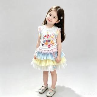 BB275 ชุดเด็กผู้หญิง ลายการ์ตูนน่ารักเสื้อแขนระบาย + กระโปรงฟูสายรุ้ง