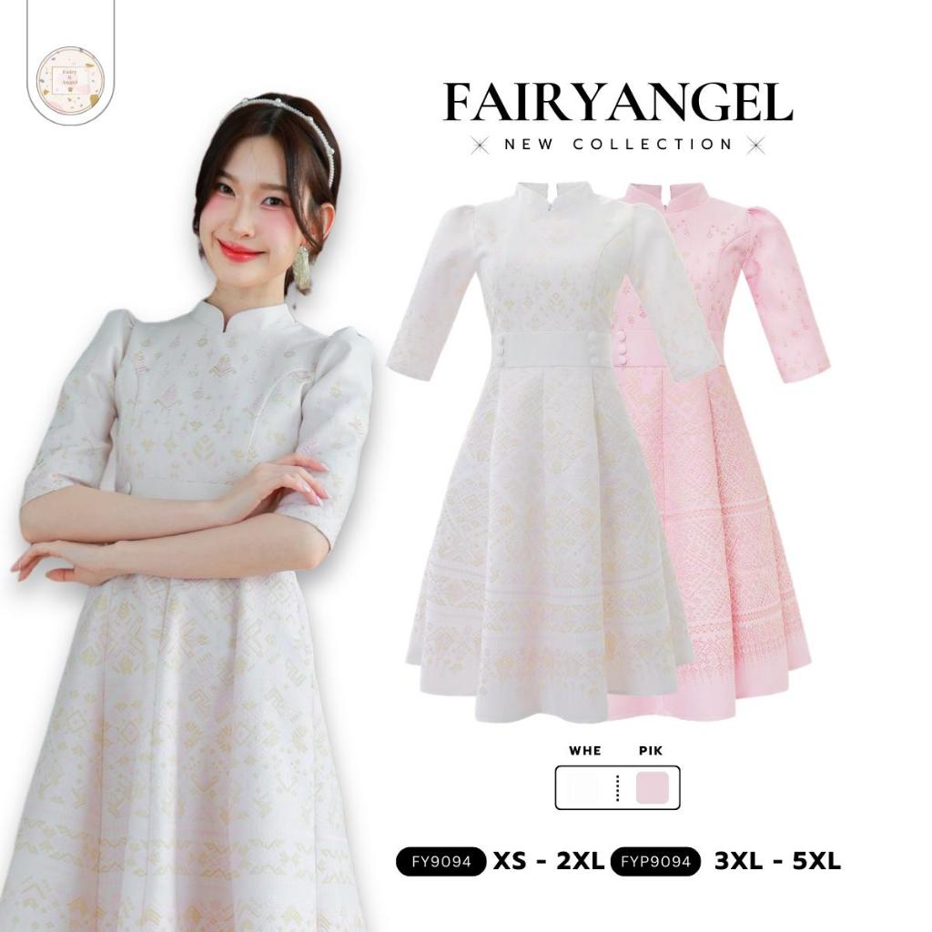 Fairyangelstore - เดรสคอจีนแขนยาวศอกกระโปรงบานพิมพ์ลาย (FY9094)