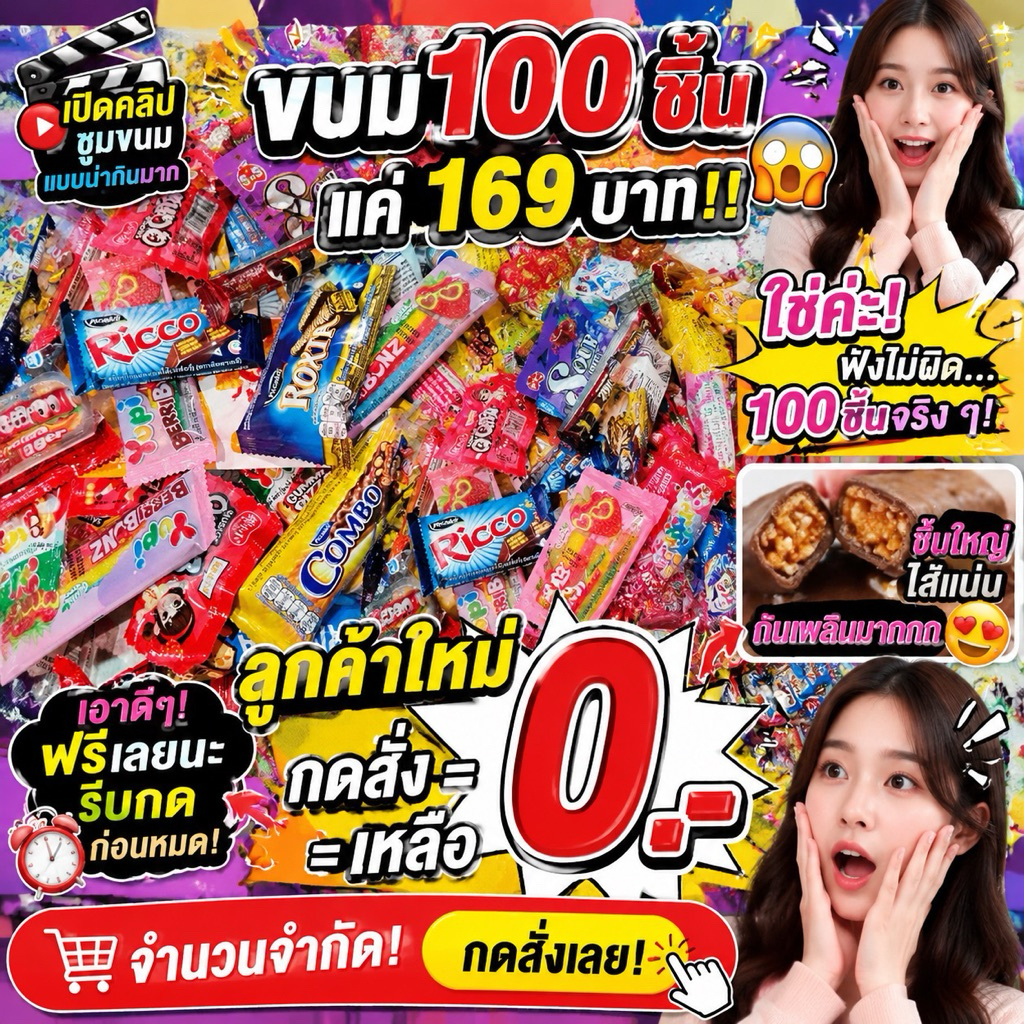ขนมรวม100ชิ้น(พร้อมส่ง) ลูกค้าใหม่0บาท