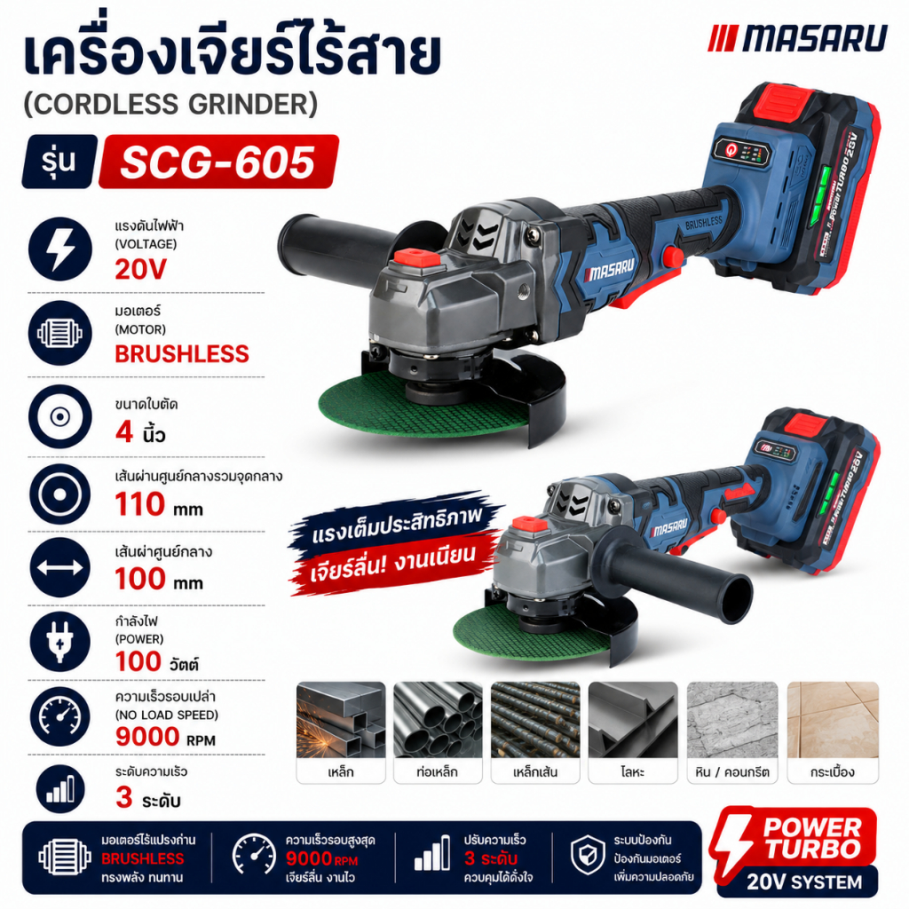 MASARU เครื่องเจียร ลูกหมู ไร้สาย 20V  ขนาด 4"  รุ่น SCG-615