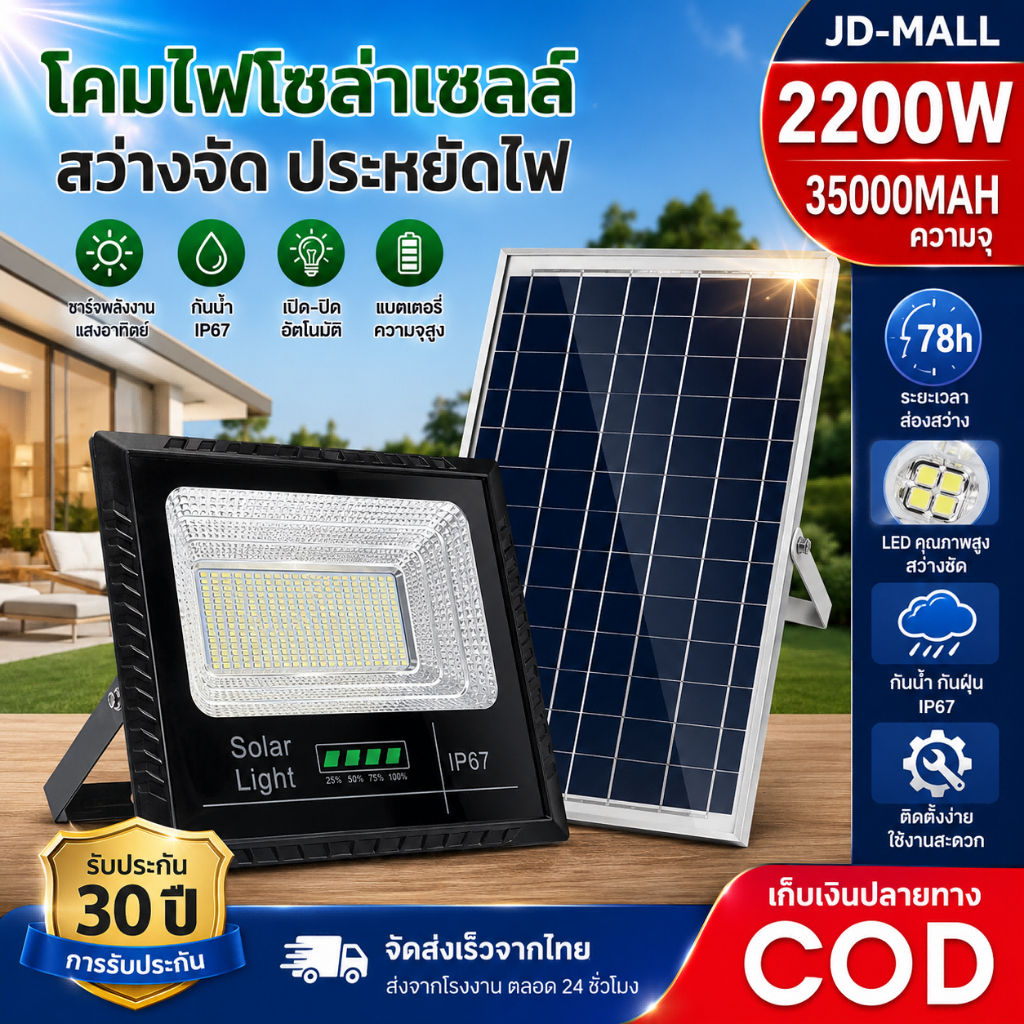ไฟโซล่าเซลล์ ไฟโซล่าเซล Solar Light LED โซล่าเซลล์ แสงสีขา กันน้ำ กันฟ้าผ่า IP67 ไฟกลางแจ้งพลังงานแสงอาทิตย