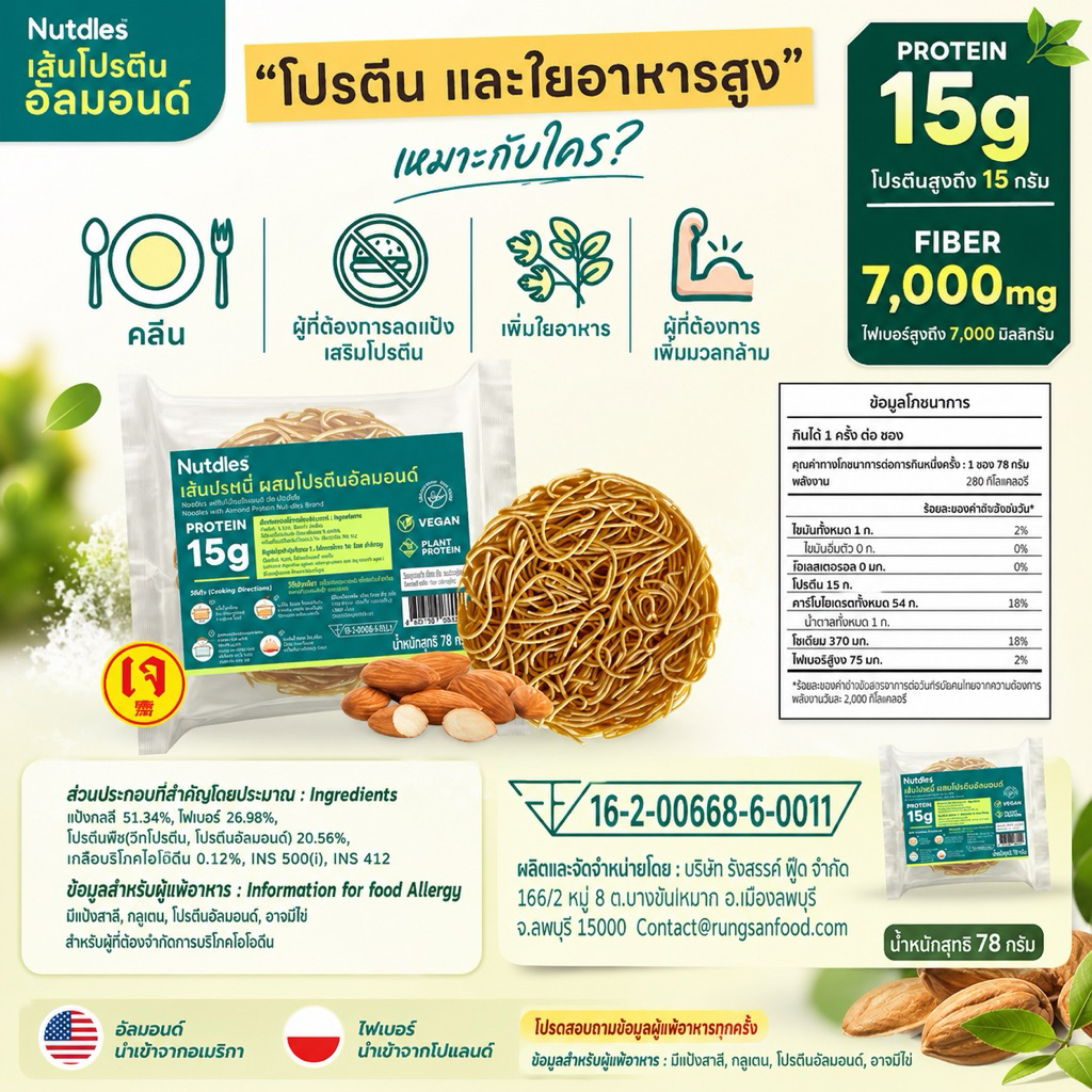 Nutdles เส้นโปรตีนอัลมอนด์ 55กรัม (Lin05) โปรตีนและใยอาหารสูง แป้งน้อย High Protein Almond Noodle เส้นเพื่อสุขภาพ